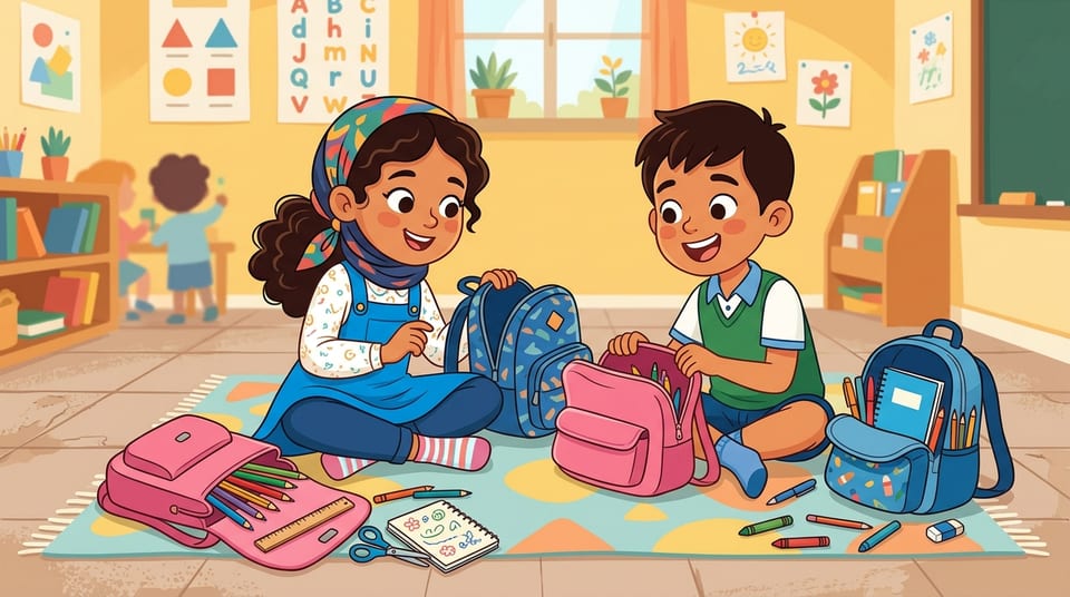 Lina et Omar ouvrent leurs cartables côte à côte, avec crayons et fournitures scolaires